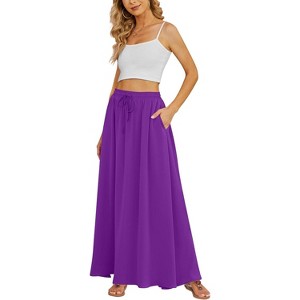 Women's High Waisted Pleated Flowy Maxi Skirt - Summer Casual with Pockets Purple - 1 of 4