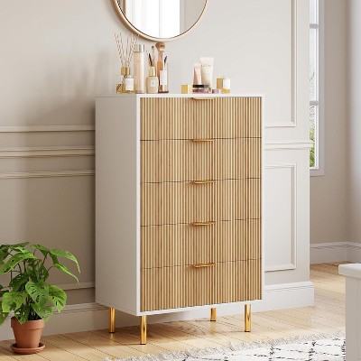 Fluted Wood Dresser for Bedroom with 5 Drawers, 29.5" Wide Large Modern Chest of Drawers, White Dresser with Gold Handle, Wooden Drawers Organizer