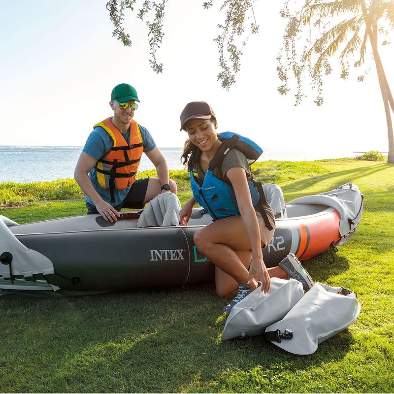 Intex Dakota K2 2 Person Inflatable Vinyl Kayak and Accessory Kit with 86 Inch Oars, Air Pump, and Carry Bag for Lakes and Rivers, Gray and Red, 4 of 8