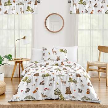 Sweet Jojo Designs Gender Neutral Unisex Twin Comforter Bedding Set Watercolor Woodland Forest Animals Green Brown White 4pc
