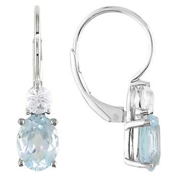 Blue Topaz and Created White Sapphire Leverback Drop Earrings in Sterling Silver - Blue/White