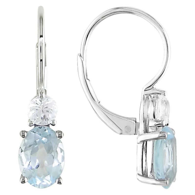 Blue Topaz and Created White Sapphire Leverback Drop Earrings in Sterling Silver - Blue/White, 1 of 4