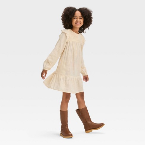 Girls' Long Sleeve Woven Dress - Cat & Jack™ Cream/gold M : Target