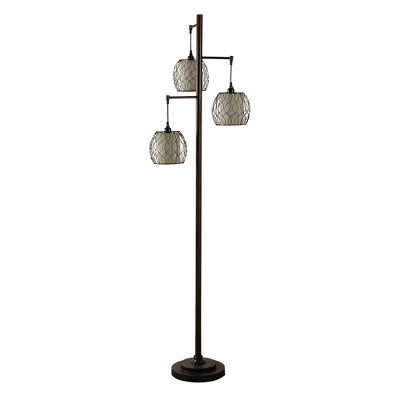 Collective Design Abode 84 Clifton 72-Inch Mid Century Modern Style Floor Lamp with 3 Woven Caged Metal Wire Glass Shades, Dark Bronze