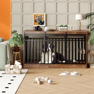 55" Dog Crate Furniture,Heavy Duty Steel & Wood Kennel w/ Sliding Door,Convertible End Table for Large Dogs, Food Bowls Included, No Assembly - 1 of 4