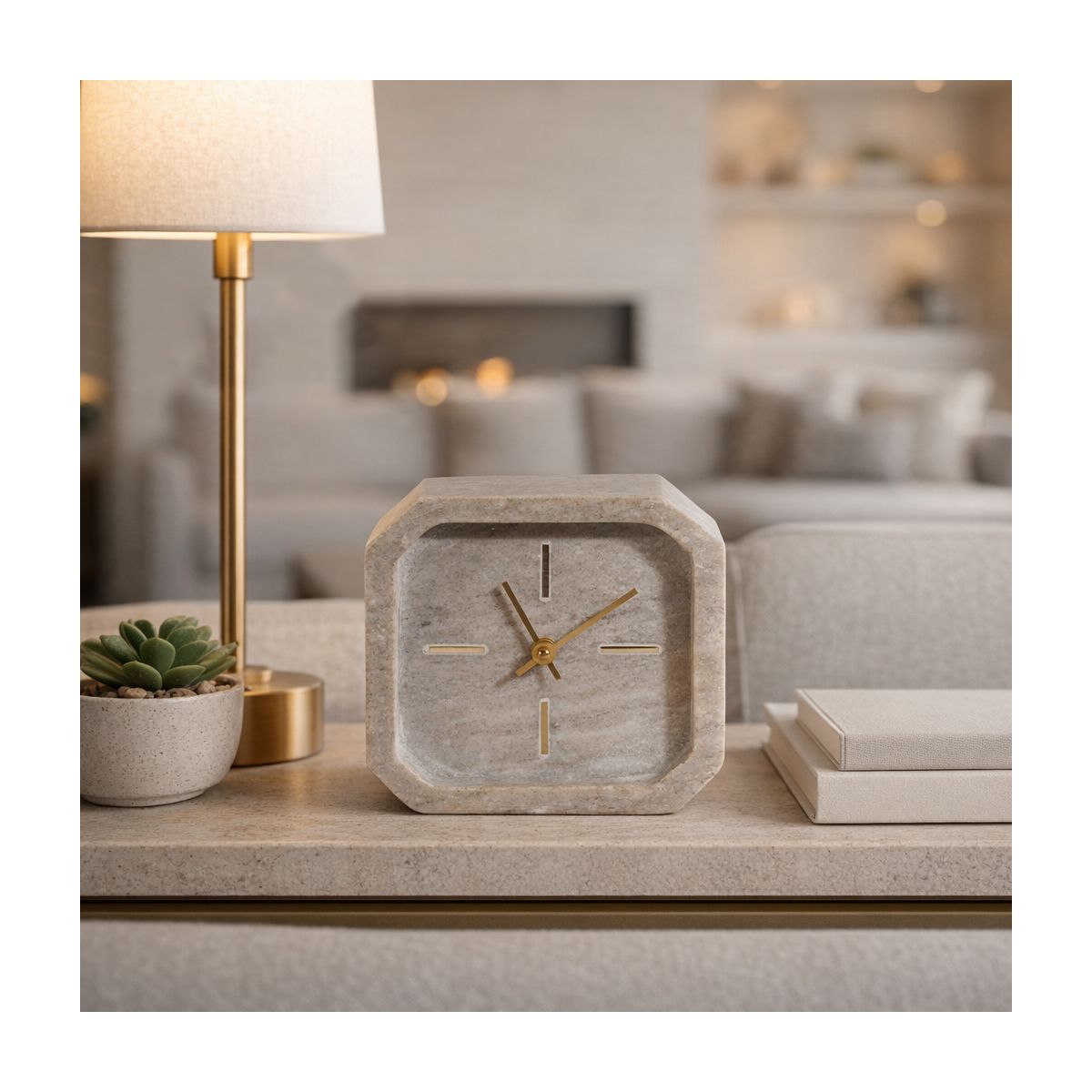 Octagon Marble Table Clock for Living Room and Office Decor - Small Decorative Desk Clock for Mantel, Shelf, Console, and Table - thumbnail 2