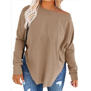 Imily Bela Women's Plus Size Off-Shoulder Long Sleeve Casual T-Shirt with Curved Hem - 1 of 3