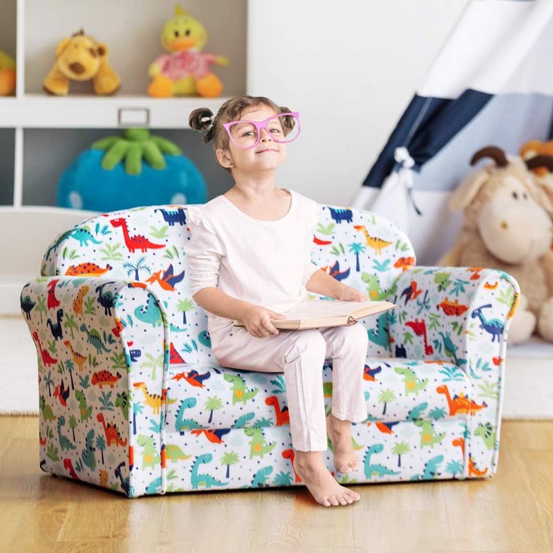 Tangkula Kids Sofa 2-Seater Armrest Chair with Cute Dinosaur Pattern Toddler Mini Lounger Bed Children Upholstered, 2 of 11