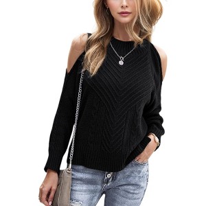 Amaryllis Women's Cold Shoulder Cable Knit Sweater Long Sleeves Crew Neck Trendy Cutout Detail - 1 of 4