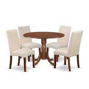 Boho Kitchen Table Set 5pc Round 42" Table w/ Drop Leaves & 4 Cream Linen Chairs - 1 of 4