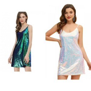 Allegra K Women's Glitter Sequin Spaghetti Strap V Neck Cocktail Sparkly Mini Dress 2 Packs - 1 of 4