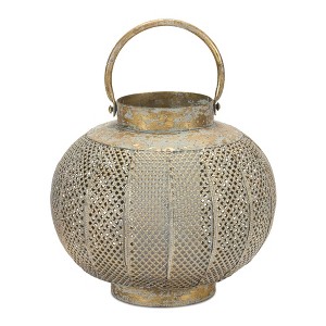 Distressed Punched Metal Lantern – 8.75"H Copper-Green Bohemian Candle Holder with Glass Insert by Melrose - 1 of 3
