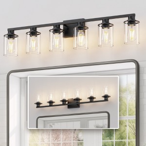 YANSUN 6 Light Matte Black Traditional Vanity Light with Clear Tube Glass Shades for Large Bathroom Mirror E26 Base - 1 of 1