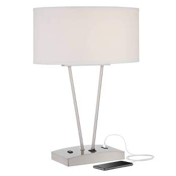 Possini Euro Design Leon Modern Table Lamp 26 1/4" High Silver Metal with USB and AC Power Outlet in Base White Oval Shade for Bedroom Living Room