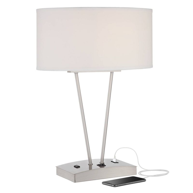 Possini Euro Design Leon Modern Table Lamp 26 1/4" High Silver Metal with USB and AC Power Outlet in Base White Oval Shade for Bedroom Living Room, 1 of 8