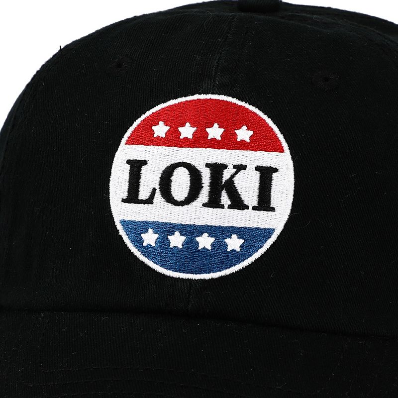 Loki Red White and Blue Button Embroidered Black Cotton Twill Hat, 5 of 6