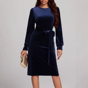 Coolmee Women's Velvet Cocktail Dress Fall Fashion Long Sleeve High Waist A Line Dress Velvet Wedding Guest Dress with Belt - 1 of 4