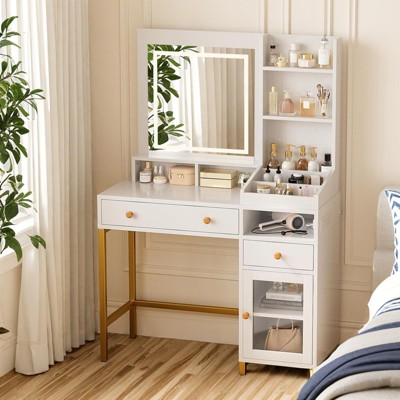 Vanity Desk with Lighted Mirror, Power Outlet, 2 Drawers, Cabinet & Open Storage Shelves, Large Makeup Table for Bedroom