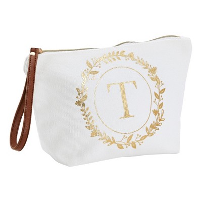 Gold Initial Personalized Makeup Bag for Women, Monogrammed Canvas Cosmetic Pouch (White, 10 x 3 x 6 In)