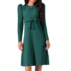 Seta T Women's Puff Long Sleeve Crewneck Tie Waist A-Line Ribbed Knit Midi Sweater Dress - 1 of 4
