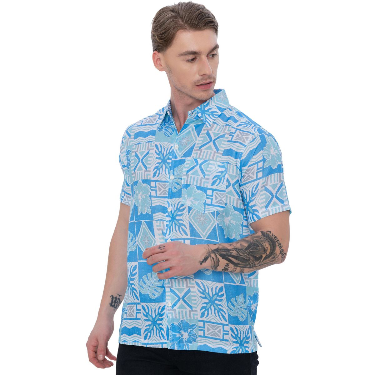 HAPPY BAY Mens Hawaiian Shirts Short Sleeve Button Down Shirt Mens Holiday Beach Shirts Casual Tropical Shirts for Men Funny XXL Abstract Leafs Blue - thumbnail 4