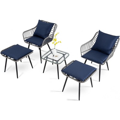 DOMETOUR 5 Piece Outdoor Wicker Patio Set: 2 Chairs, Ottoman & Table for Balcony/Deck (Gray/Blue)
