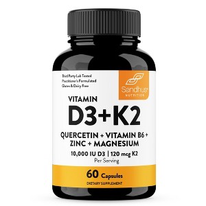 Sandhu's Vitamin D3 K2 10000IU, 120 mcg Capsules 60 Count with Magnesium, Vit B6, Zinc & Quercetin, Supports Energy, Immune & Muscle Health - 1 of 4