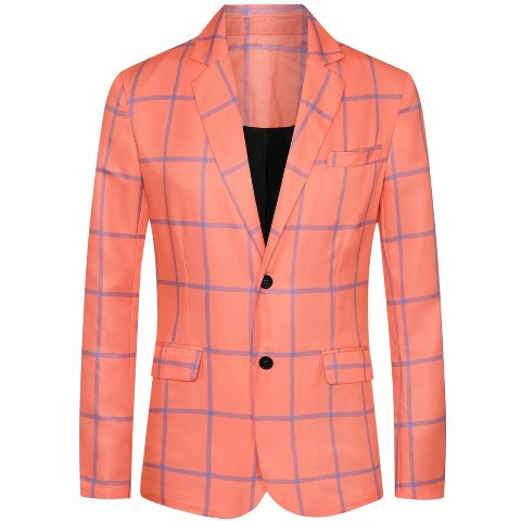 Lars Amadeus Men's Notch Lapel Two Button Contrasting Color Plaid Sports Coat Orange Red Small