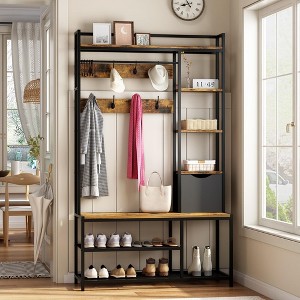 Hall Tree With Bench and Shoe Storage, Coat Rack Freestanding, 5-Tier Shelves, Fabric Storage Basket, Side Hooks - 1 of 4