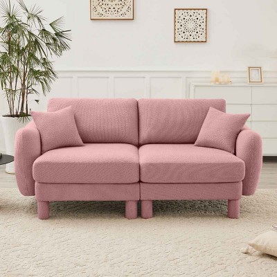 2-Seater Loveseat Sofa with Pillows, Sofa with Shell-Shaped Armrests and Cylindrical Legs, Boucle Fabric Sofa with Wood Frame-Coolbibila