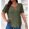 Plus Size Casual Tops for Women Fashion V Neck Ribbed Knit Short Sleeve Shirts Plain Loose Blouse Tops - 2 of 3