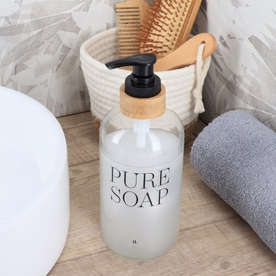 Evideco French Home Goods Glass and Bamboo Soap Dispenser - Available in 17 oz and 34 oz, PURE SOAP Design, Sturdy Pump for Easy Dispensing