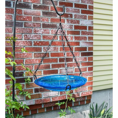 Teal Blue Crackle Glass Hanging Birdbath Bowl with Iron Chain