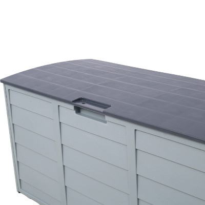 All-weather rolling storage bin—lockable 75-gallon capacity protects patio furniture/pool gear from sun/rain with reinforced resin construction.