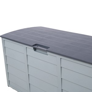 All-weather rolling storage bin—lockable 75-gallon capacity protects patio furniture/pool gear from sun/rain with reinforced resin construction. - 1 of 4