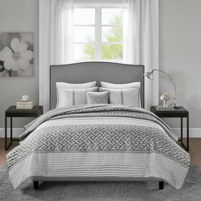 Gray King Reversible Microfiber Jacquard Quilt Set