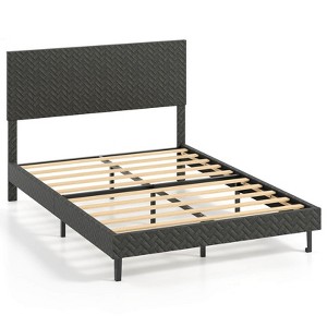 Costway Twin/Full/Queen Size Bed Frame with Height Adjustable Chevron Headboard, No Box Spring Needed Gray/Beige - 1 of 4