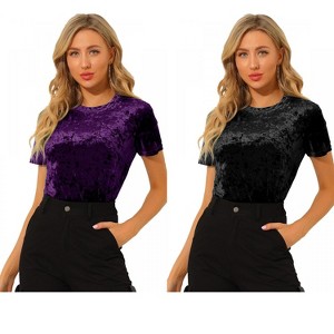 INSPIRE CHIC Women's Velvet Crew Neck Short Sleeve Casual Blouse 2 Packs - 1 of 4