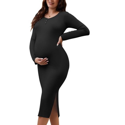 INSPIRE CHIC Women's Split Maternity Dress Long Sleeve Henley Collar Button Bodycon Ribbed Knit Pregnancy Photoshoot
