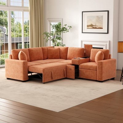 KTMBDW 120.5" L-shaped Convertible Sofa Bed Modular Sectional Sofa Reversible Sleeper with Pull-Out Bed, Cup Holders, and Ample Storage Space