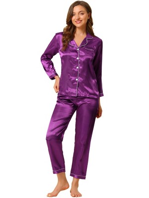 Allegra K Women's Satin Button Down Sleepshirt with Pants Sleepwear Pajama Set
