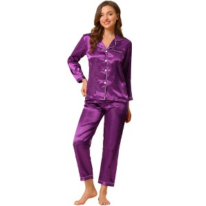 Allegra K Women's Satin Button Down Sleepshirt with Pants Sleepwear Pajama Set - 1 of 4