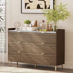 CAVINAS 6 Drawer Bedroom Dresser with Marbling Worktop,Mordern Storage Cabinet Chest of Drawers with Metal Leg for Living Room,Entryway - 1 of 4