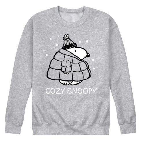 Men s Peanuts Snoopy Cozy Winter Puffer Graphic Fleece Sweatshirt Athletic Heather Large Target