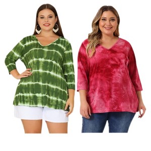Women's Plus Size 2 Pieces Tie Dye Side Slit 3/4 Sleeve V Neck Casual Stripe Blouse - Agnes Orinda - 1 of 4