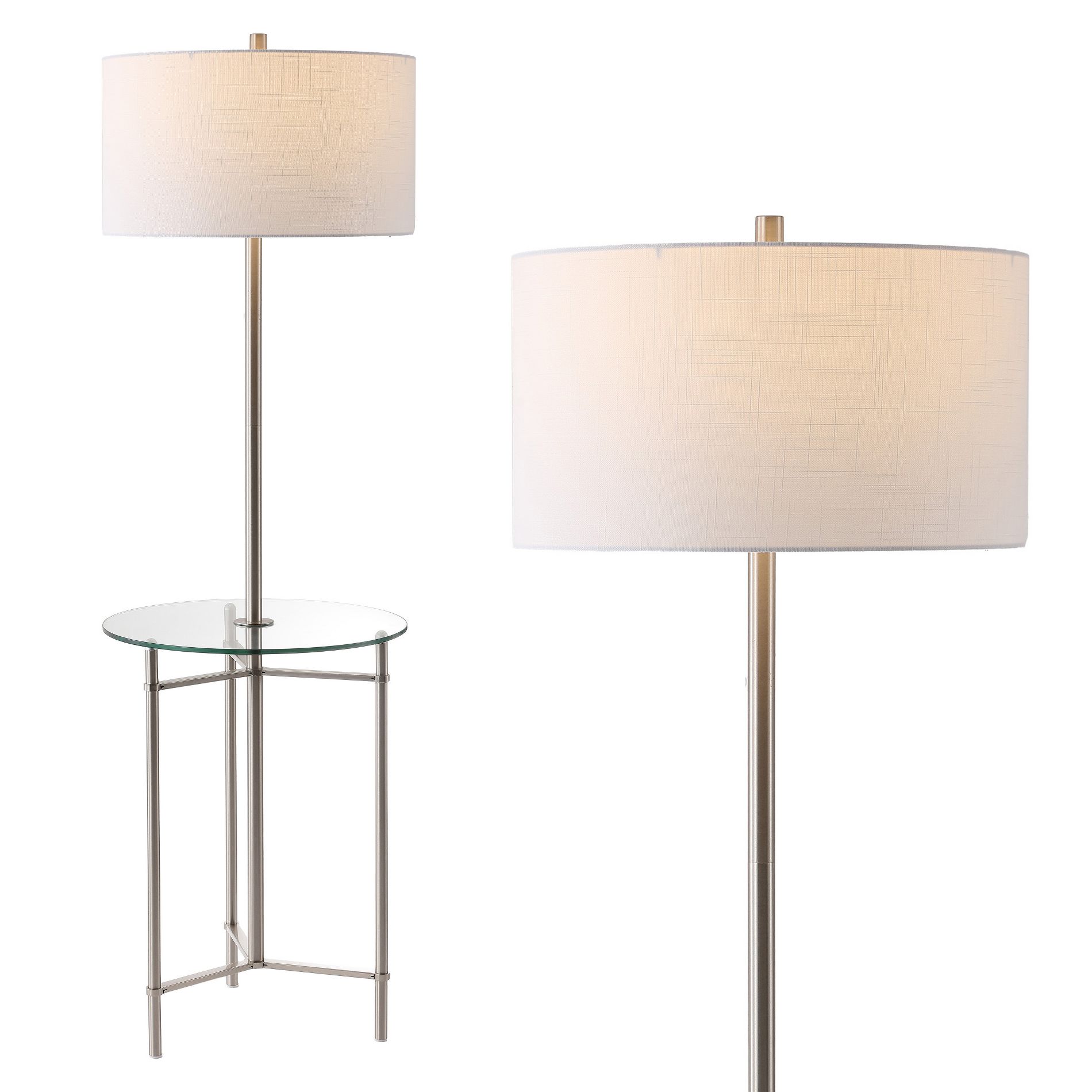 JONATHAN Y Chuck 59" Modern Minimalist Metal and Tempered Glass LED 2-in-1 Space-Saving Tray Table and Floor Lamp, Brushed Nickel