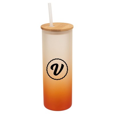Elanze Designs V Monogram Letter Initial Rope Circle Wrap-Around Design 25 Ounce Frosted Gradient Glass On-The-Go Coffee Travel Skinny Tumbler Mug
