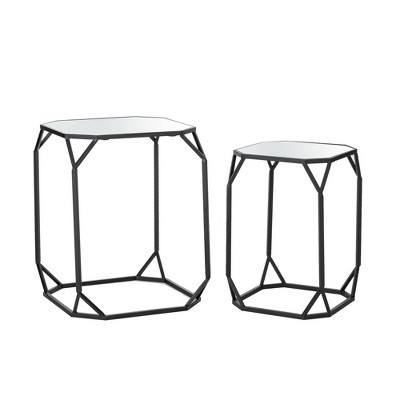15.5" Round Black Metal and Glass Mirrored Accent Table Set