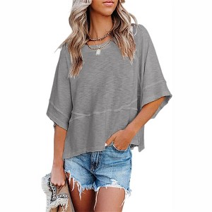 Imily Bela Women's Half Sleeve T-Shirts Solid Color Loose Flowy Tops T-shirt - 1 of 3