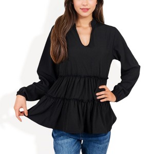 Anna-Kaci Women's Long Sleeve Tiered Babydoll Blouse with V-Neck for Casual Looks - 1 of 4